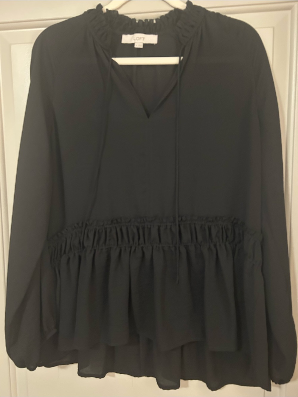 LOFT Black Ruffle-Peplum Long-Sleeve Blouse
